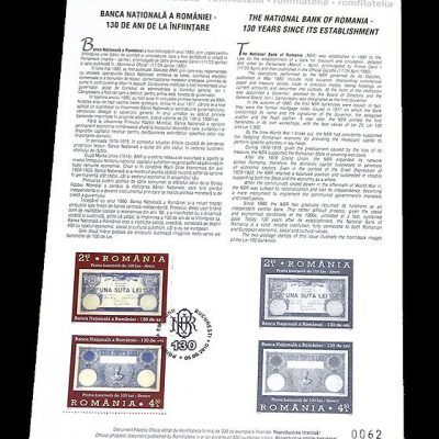 Philatelic Document THE NATIONAL BANK OF ROMANIA - 130 YEARS SINCE ITS ESTABLISHMENT