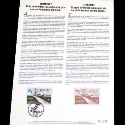 Philatelic Document TRANSGAZ - 35 YEARS OF INTERNATIONAL NATURAL GAS TRANSIT IN ROMANIA AND THE BALKANS