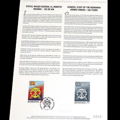 Philatelic Document GENERAL STAFF OF THE ROMANIAN ARMED FORCES - 150 YEARS