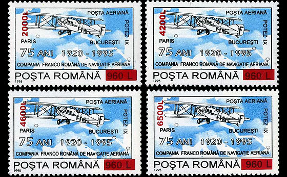 75 Years from the Founding of C.F.R.N.A. (French-Romanian Company of Air Navigation) 1995 overprint